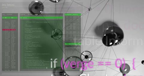 Futuristic data terminal with green code panels overlaid on glossy network spheres