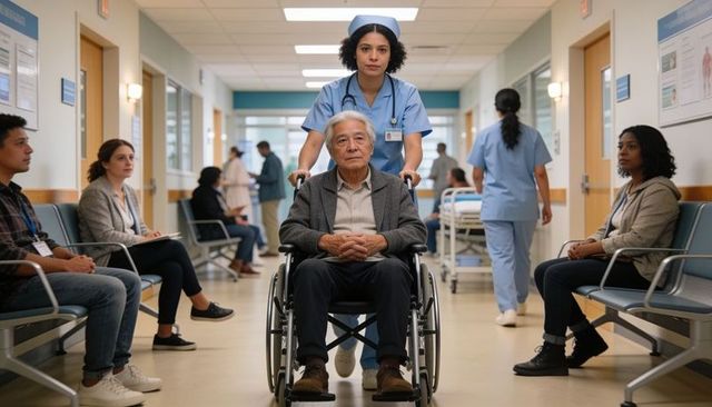 Nurse pushing senior man in wheelchair down hospital corridor providing compassionate care