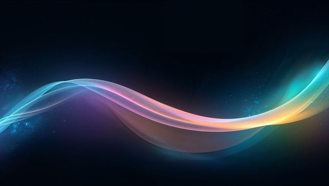 Iridescent light ribbon sweeping dark gradient background with neon glow and particles