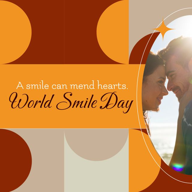 Image portrays a Caucasian couple looking into each other's eyes, embracing the essence of World Smile Day. An inspirational quote 'A smile can mend hearts' emphasizes the joyous celebrations. Suitable for social media posts, greeting cards, and smile awareness campaigns.