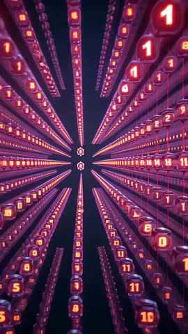 Vertical Neon Data Columns Pulsing and Sending Numeric Cubes Into Digital Void Looping Visualization