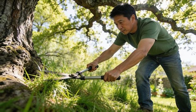 Homeowner trimming tall grass at tree roots with loppers in sunlit backyard garden