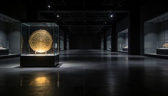 Glowing golden astrolabe displaying ornate star map in dark museum gallery with spotlight
