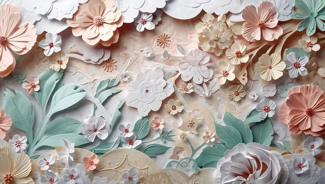 Pastel paper floral mural featuring layered sculpted flowers, leaves and delicate collage