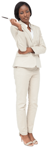 Confident African American Businesswoman Holding Pen on Transparent Background