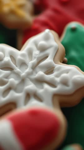 Vertical video shifting focus on iced snowflake cookie, blurred festive cookies behind