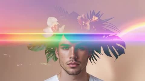 Surreal Portrait of Man With Leaf Orchid Crown and Glitch Effects
