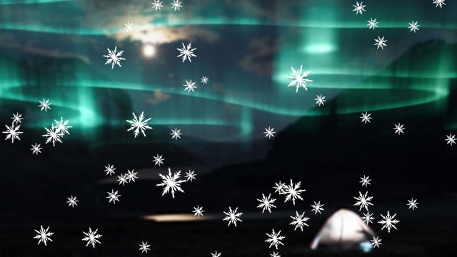 Snowflakes are falling over a serene night sky illuminated by the aurora borealis. A tent glows faintly in the landscape, adding a sense of adventure and wonder. The festive feel with snowflakes makes it perfect for Christmas-themed multimedia projects, holiday celebrations, and festive greetings.