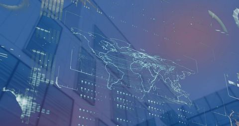 Futuristic Data Interface Overlaying World Map in Modern Urban Setting - Download Free Stock Images Pikwizard.com