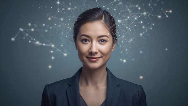 Asian businesswoman with glowing neural network overlay portraying digital intelligence