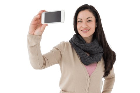 Smiling Brunette Woman Taking Selfie with Smartphone on Transparent Background