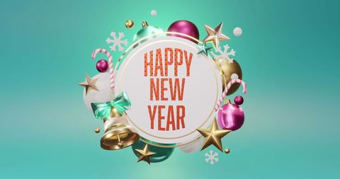 Festive New Year Greeting with Colorful Ornaments on Green