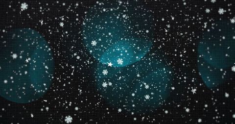 Snowflakes over blue lights on black winter background