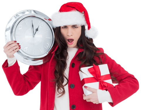 Surprised Woman in Santa Hat Holding Clock and Gift Transparent Background
