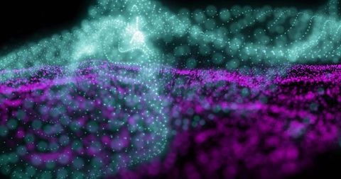 Glowing teal and magenta particle landscape flowing in neon point cloud with vortex ribbon