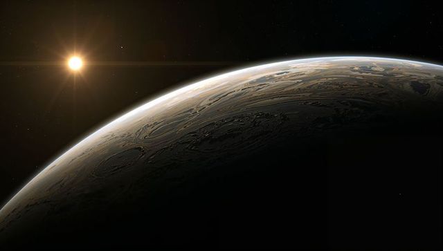 Distant alien planet revealing crescent limb, banded storms, terminator line and sun flare