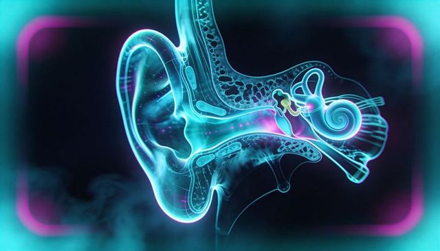 Neon-illuminated ear anatomy cross-section illustrating ossicles, cochlea, eardrum, futuristic
