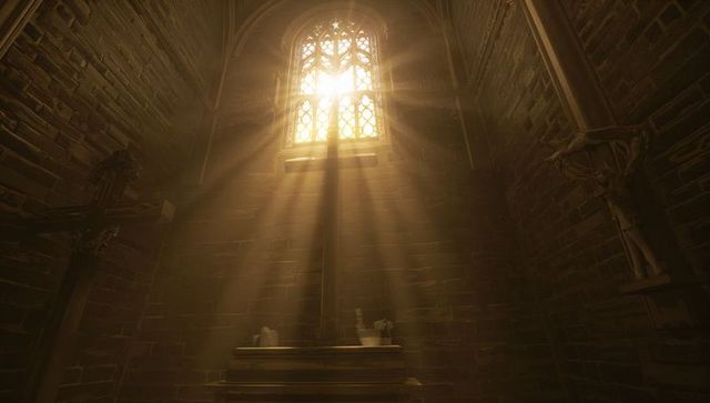 Sunlight bathing gothic altar casting cross-shaped shadow through stained-glass