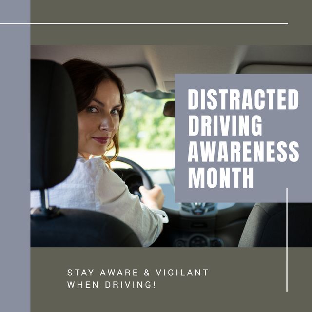 Distracted Driving Awareness Month Design with Woman Smiling in Car - Download Free Stock Templates Pikwizard.com