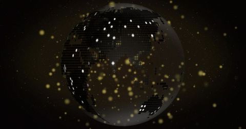 Spinning digital globe showing pixelated city lights and golden bokeh in dark space