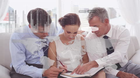 Team Collaborating on Financial Strategies with Futuristic Data Overlay