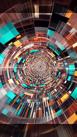 Spinning digital tunnel propelling viewer through vibrant concentric geometric grid vertical video