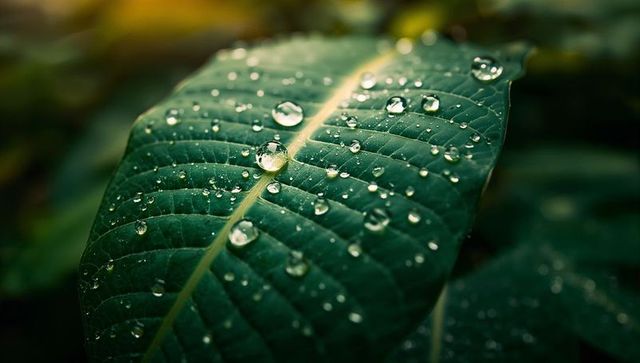 Dew-kissed Leaf in Garden with Vivid Vein Details