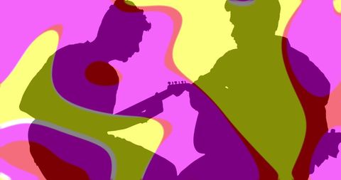 Silhouette of Guitarists with Colorful Psychedelic Patterns