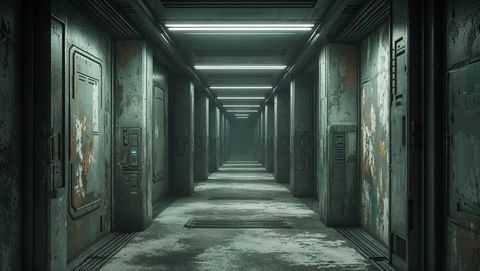 Futuristic Industrial Spaceship Corridor with Control Panels