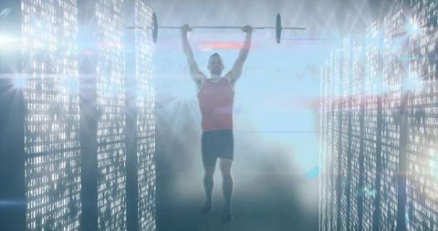 Futuristic Athlete Lifting Barbell in Digital World