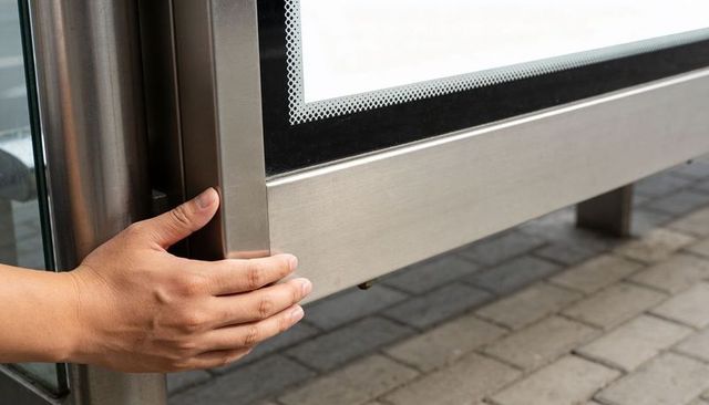Close-up hands gripping stainless steel sign frame on urban pavers with blank glass display