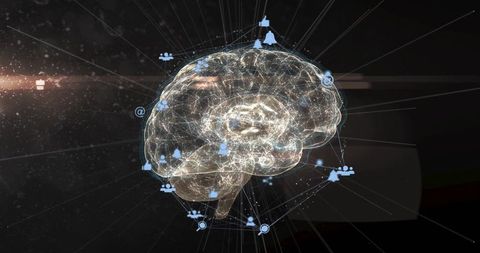 Glowing translucent 3d brain hologram projecting neural network lines and digital icons