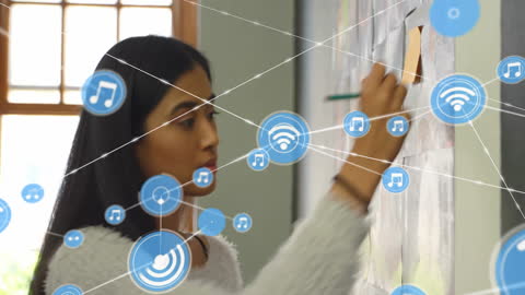 Innovative Woman Brainstorming Ideas with Digital Networking