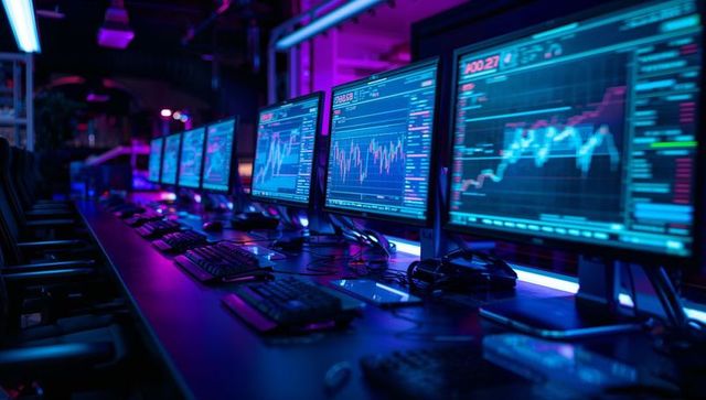 Monitoring market data on neon-lit multi-monitor trading desk