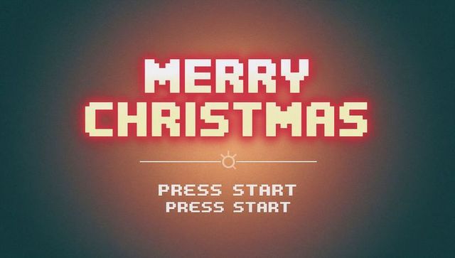 Merry christmas pixel arcade greeting featuring glowing 8-bit typography and press start