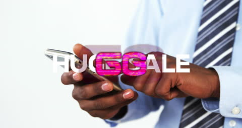 6G Technology Businessman on Smartphone with Flash Sale Graphics