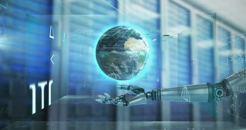 Futuristic Robotic Arm with Globe in Tech Environment