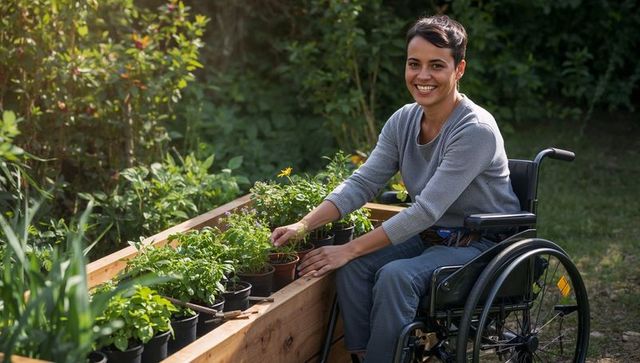 Smiling woman gardening in wheelchair beside raised planter, tending herbs in sunny backyard