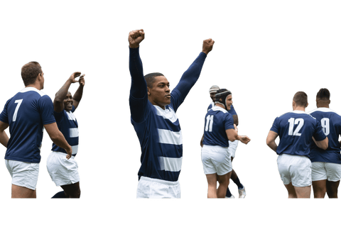 Rugby players celebrating victory on transparent background