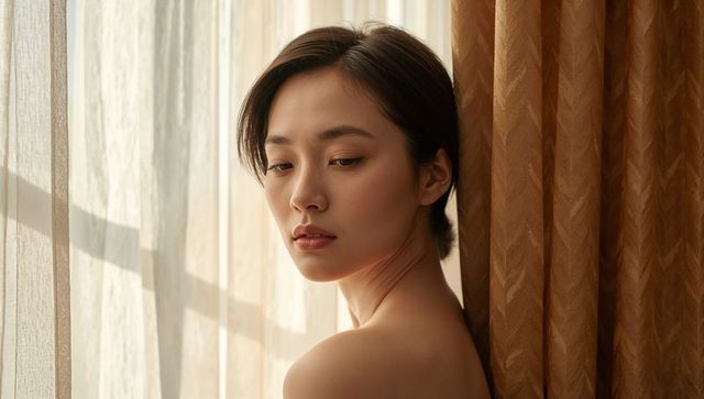 Contemplative asian woman leaning by sunlit sheer curtain, bare shoulders, warm drape