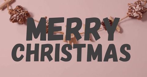 Bold merry christmas typography over snowy pinecone garland on pastel pink background