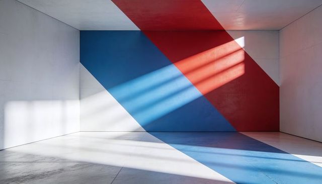 Sunlit Minimalist Room with Diagonal Red and Blue Bands Casting Abstract Geometric Shadows