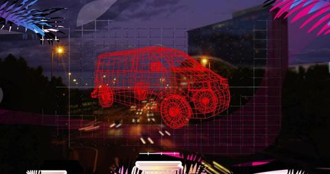 Neon wireframe van hologram hovering over night city grid with futuristic hud
