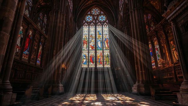 Sunlight streaming through stained glass in gothic cathedral