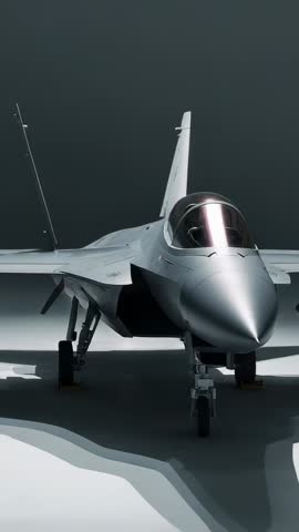 Vertical video orbiting stealth fighter jet on white platform revealing cockpit details