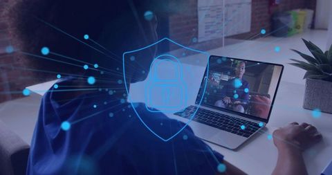 Remote video meeting with digital security shield overlay on laptop protecting privacy