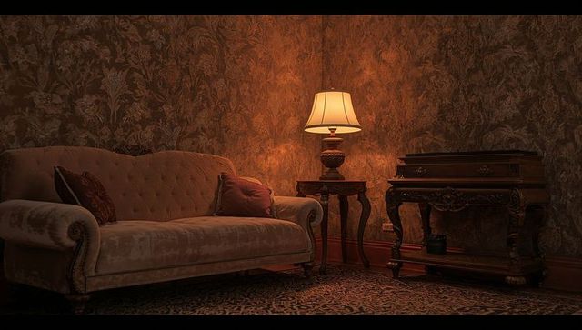 Elegant vintage parlor with velvet sofa and table lamp