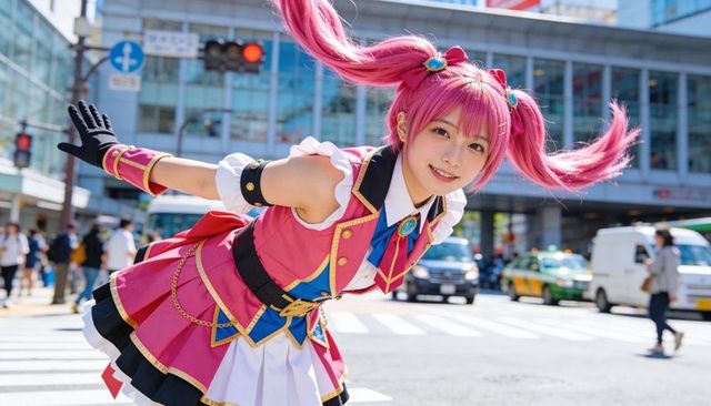 Smiling asian cosplayer posing on city crosswalk wearing pink twin-tail idol costume