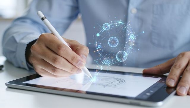 Designer sketching futuristic holographic interface on tablet with stylus and ai elements