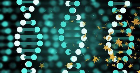Turquoise DNA Helix Rotating with Gold Star Confetti, Bokeh Lights and Futuristic Glow